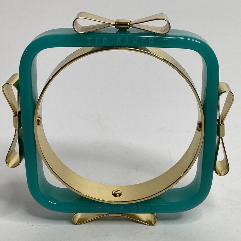 Ted Baker Logo Acrylic Bow Bangle Bracelet Seafoam Green Gold Tone London Vintag